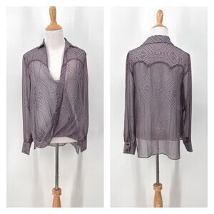 DEREK LAM Sheer Silk Print Top Womens 4 Navy Blue White Pink Western Long Sleeve